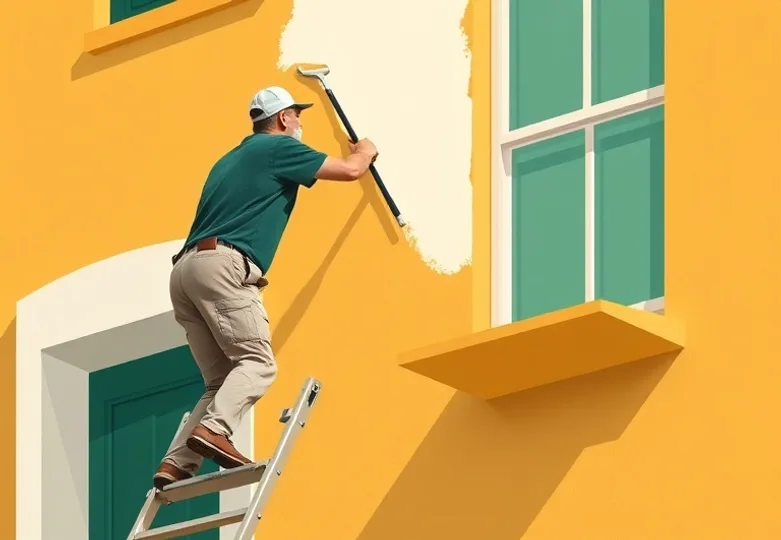 Peintre sur échafaudage traitant la façade d'une maison