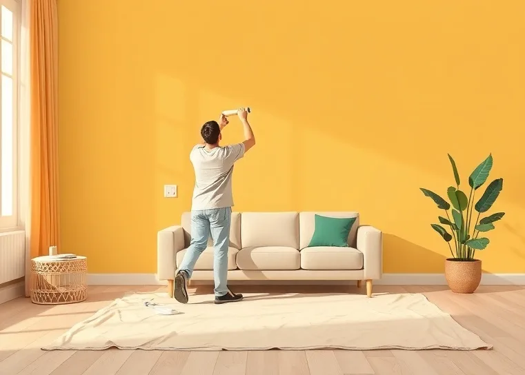 Peintre appliquant la peinture au rouleau sur un mur de salon